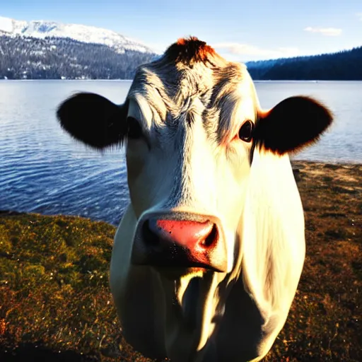 Prompt: a photo of a cow at lake tahoe