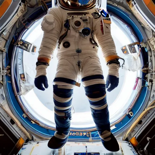 Image similar to photograph of an astronaut in space, singular light source from below, only suit legs and arms illuminated, full body photo, 8 k