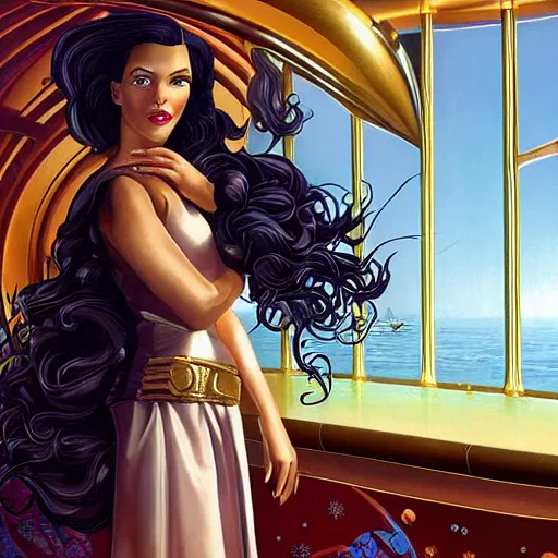 Prompt: beautiful woman with long wavy curly black hair, wearing a cocktail dress. she is in the bar of the atlantis paradise, a retro futuristic spaceship made of brass bronze gold, art deco influence, hotel style design. bioshock, starship titanic. outside the window space and stars can be seen. clean, well composed painting by artgerm and greg rutkowski.