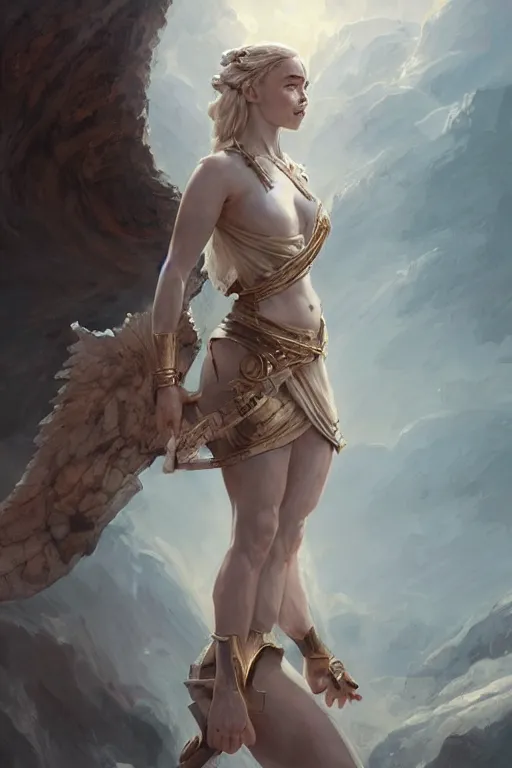 Prompt: Emilia Clarke as goddess of war, anatomy, only two hands, highly detailed, digital painting, artstation, concept art, smooth, sharp focus, illustration, Unreal Engine 5, 8K, art by art by artgerm and greg rutkowski and edgar maxence