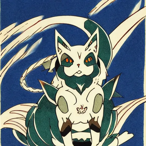 Image similar to a pokemon that looks like a beautiful cat with dragon wings, illustration by hokusai