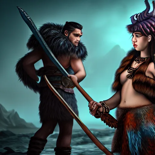 Prompt: a DND barbarian wearing fur coat holding a small Triton girl with black hair, high resolution film still, 4k, HDR colors