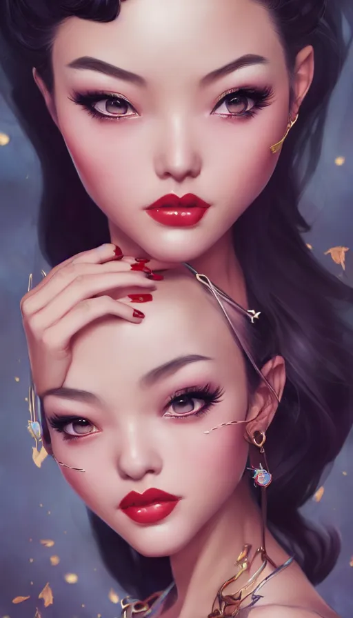 Image similar to a pin up and beautiful fashion and charming and dreamlke asian girl with lv jewelry, medium shot, art by artgerm & ross tran & wlop, hyperdetailed, 8 k realistic, symmetrical, frostbite 3 engine, cryengine, dof, trending on artstation, digital art