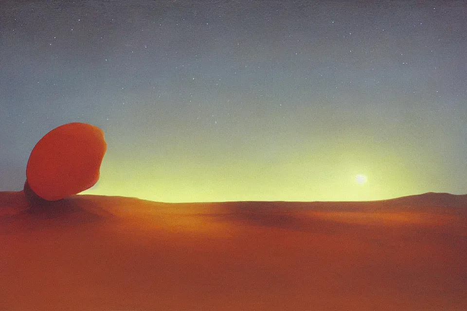 Prompt: sci fi atmospheric landscape painting of a giant seashell in middle of the desert at night, painted by john harris and moebius