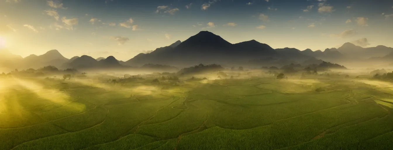 Prompt: Photo of paddy field of Baling with several village and rolling mountain at the background, wide angle, volumetric light, fog, mist, morning, hyperdetailed, light water, artstation, cgsociety, 8k
