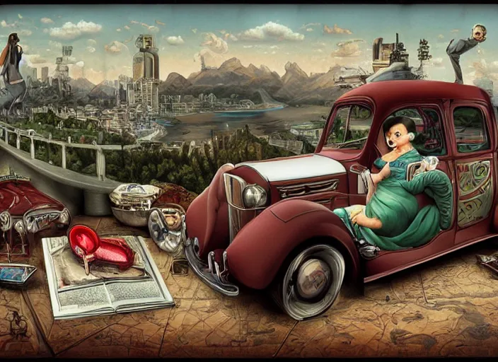 Image similar to the world inside a car, lisa ann, lowbrow, matte painting, 3 - d highly detailed, in the style of mark ryden,