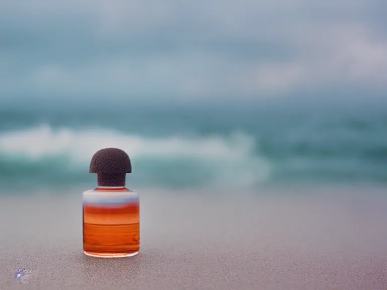 Image similar to cinestill 5 0 d photography of perfume emerging from seafoam bottle 3 / 4 style of nicholas fols, 2 0 0 mm, mute dramatic colours, soft blur outdoor stormy sea background, volumetric lighting, hyperdetailed, hyperrealistic