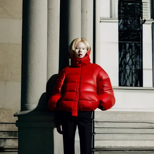 Image similar to realistic photoshooting for a new balenciaga lookbook, color film photography, portrait of a blonde asian woman, model wearing a puffer jacket, photo in style of tyler mitchell, 3 5 mm,