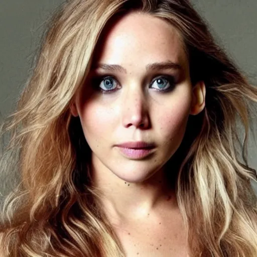 Image similar to a woman who is a genetic combination of jennifer lawrence and elizabeth olsen face and upper - body focus