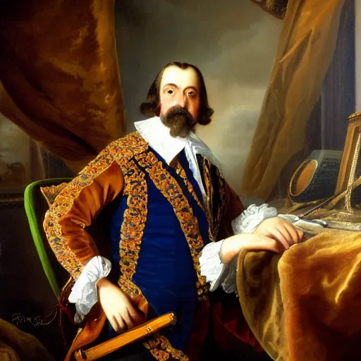 Image similar to russian tsar Peter The Great in holland camisole, clean-shaven 18th century installs operating system on desktop computer oil painting, detailed, artfully traced, 4k resolution, cinematic, dramatic by FYODOR ROKOTOV AND THOMAS GAINSBOROUGH