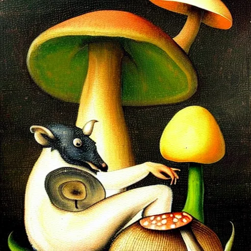 Image similar to a painting of a cute creature sitting next to a mushroom, detailed, realistic, in style of hieronymus bosch