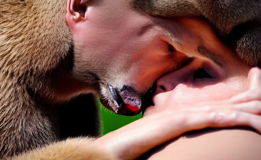 Prompt: vladimir putin kisses a bear, french kiss, lovely kiss, kiss mouth to mouth, romantic, emotional, love scene, insane details, clear face and eyes, textured, 8 k, professional photography, animal world, discovery channel