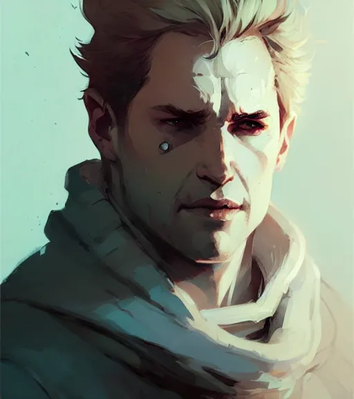 Image similar to portrait of cullen from dragon age by atey ghailan, by greg rutkowski, by greg tocchini, by james gilleard, by joe fenton, by kaethe butcher, dynamic lighting, gradient light blue, brown, blonde cream and white color scheme, grunge aesthetic