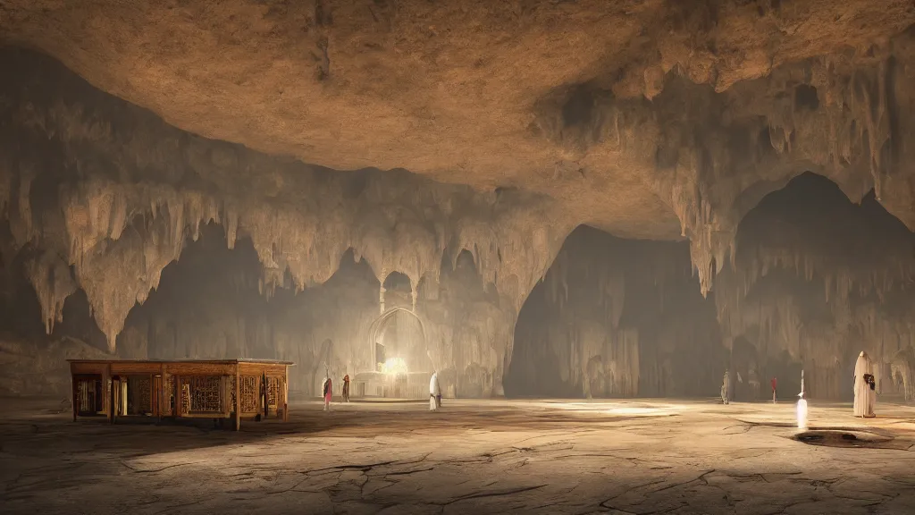 Image similar to A big mosque inside a cave, cinematic lighting, god ray, photorealistic, hyperdetailed 3D matte painting, hyperrealism, hyperrealistic, 8k ultraHD octane render