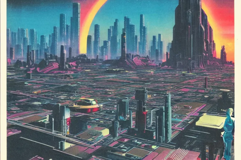 Prompt: 1979 OMNI Magazine Cover depicting a monestary overlooking Neo-Tokyo. Cyberpunk Akira style by Vincent Di Fate