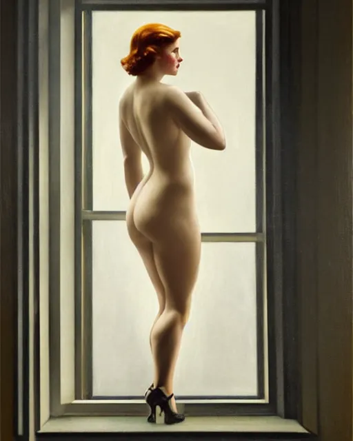 Prompt: photo of amy adams in 1 9 3 0 s penthouse rainy window, oil painting, by enoch bolles, greg rutkowski, edward hopper, artgerm, wlop glossy skin, intricate architectural detail, pearlescent, very coherent, cute