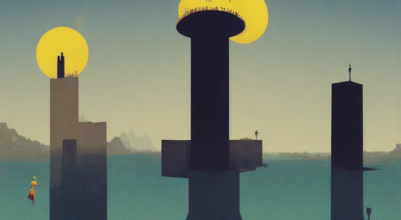 Image similar to single flooded simple cosmic tower!, very coherent and colorful high contrast!! masterpiece by rene magritte simon stalenhag carl spitzweg syd mead norman rockwell edward hopper james gilleard, minimalist, dark shadows, sunny day, hard lighting