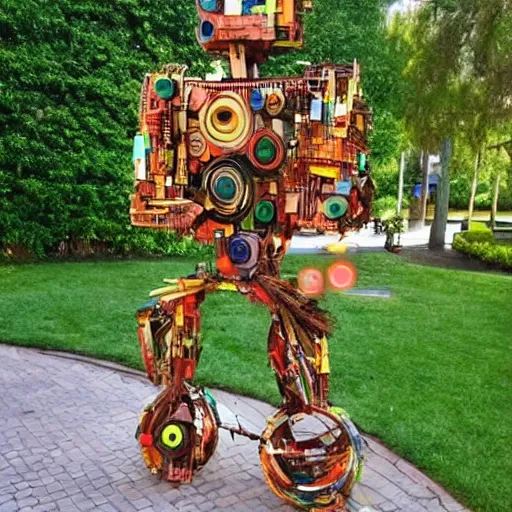 Image similar to A sculpture made of recycled materials but with perfect definition, 💃🤖