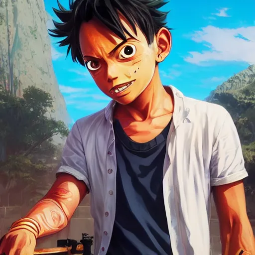 Prompt: highly detailed portrait luffy in gta v, stephen bliss, unreal engine, fantasy art by greg rutkowski, loish, rhads, ferdinand knab, makoto shinkai and lois van baarle, ilya kuvshinov, rossdraws, tom bagshaw, global illumination, radiant light, detailed and intricate environment