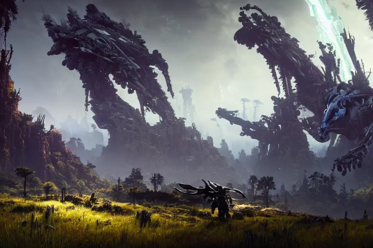 Image similar to wide epic shot from horizon forbidden west. a hyper detailed organic mechanic creatuve realistic similar look as horizon forbidden west horizon zero dawn, bioluminiscence in a dark deep forest at dawn in spring, with reflection and textures, by kilian eng, substance painter reaslitic mech surface metal painted scratches, world env from horizon forbidden west horizon zero dawn