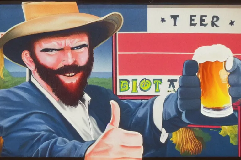 Image similar to a man holding a beer giving a thumbs up with a long beard, artwork in the style of 80's movie poster airbrushing