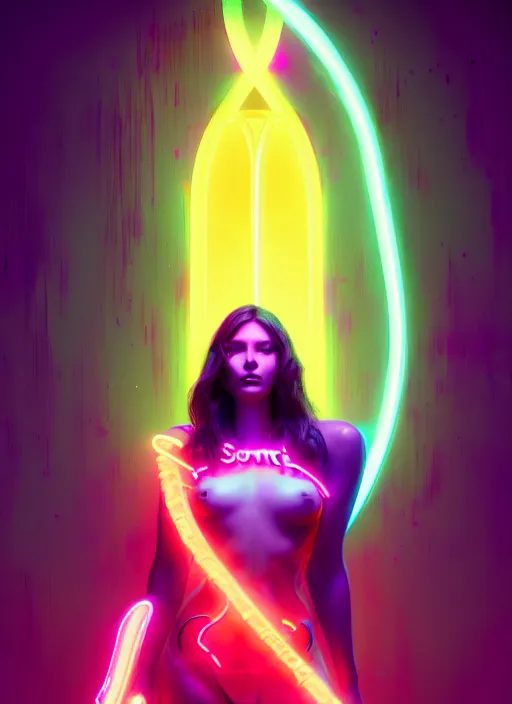 Prompt: beautiful neon woman, by greg rutkowski, symmetry, concept art by artgerm, distance render portrait of a hyper realistic, pixar, intense, epic, powerfull, alphonse mucha, octane render, highly detailed, high quality, 8 k, soft lighting, path traced, and uang guangjian and gil elvgren, symmetry!!