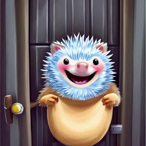 Image similar to cute adorable hedgehog opening the door, waving, smiling, cute, hedgehog, by cyril rolando