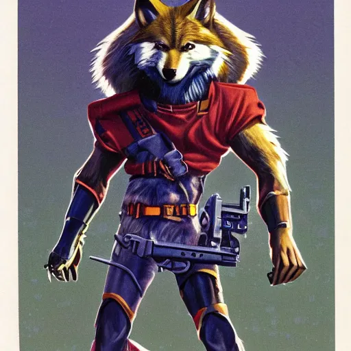 Image similar to 1 9 8 0 s video game art of anthropomorphic wolf o'donnell from starfox fursona furry wolf in a dark space mercenary uniform, looking heroic, magazine scan, 8 0 s game box art, dark grey wolf o'donnell