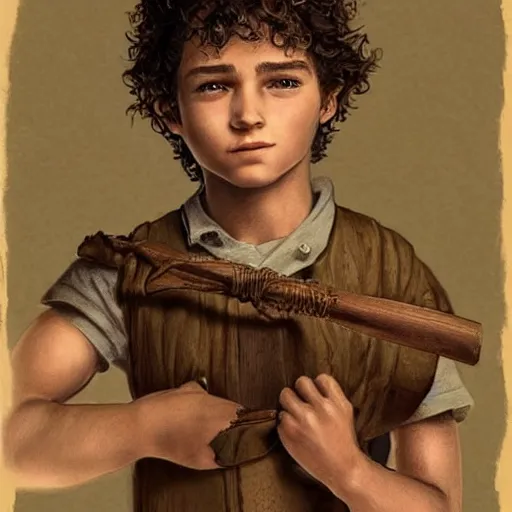 Prompt: highly realistic boy with curly brown hair and brown eyes, a wooden bow on his back, highly detailed and intricate, concept art illustration