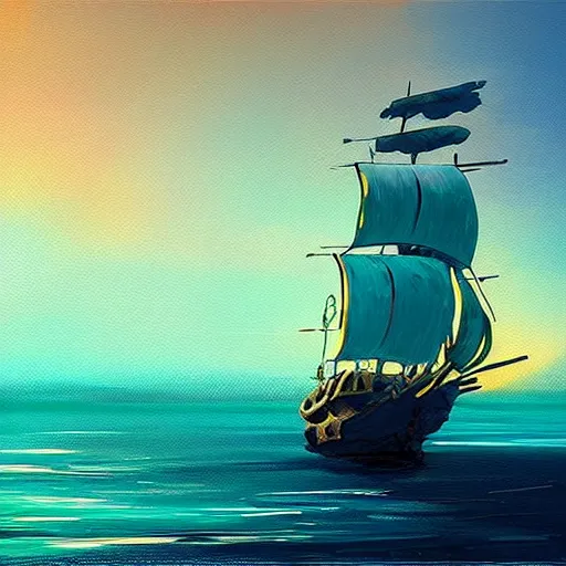 Image similar to A pirate on the high seas that has magical pearlescent shimmering see through sails, painting by Alena Aenami