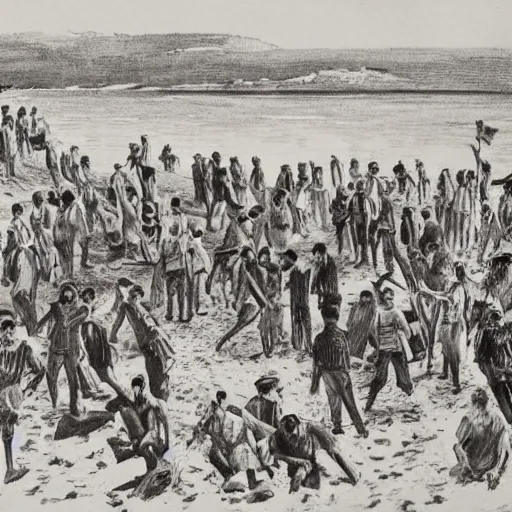 Prompt: This print depicts a scene from the Spanish Civil War, which was a time of great turmoil and strife in Spain. The print shows a group of people on a beach, with the ocean in the background. The people in the print are all different sizes and shapes, and they are all looking in different directions. The print is full of color and movement, and it is very expressive. The print is also very powerful and emotional, and it has a very strong impact on the viewer. Shutterstock by Antoine Blanchard perspective