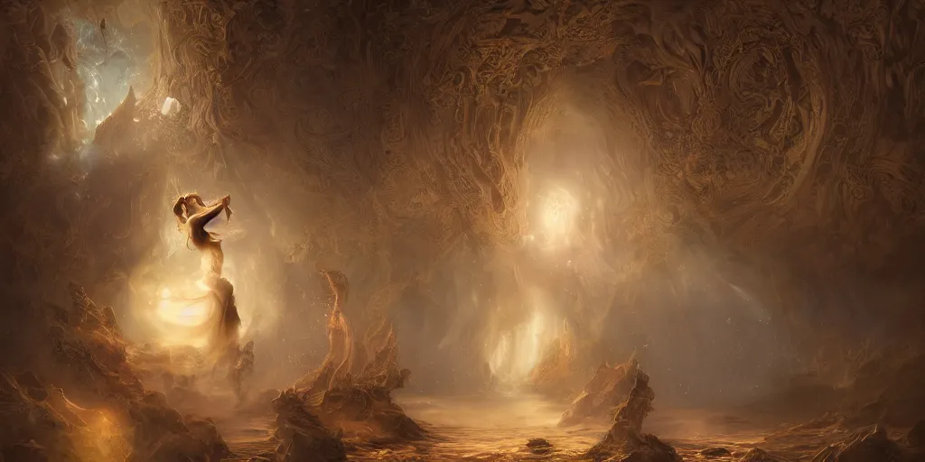 Image similar to concept art of translucent glowing curvy buxom brown fairy dancing, renaissance, flowy, melting, round moons, rich clouds, very detailed, volumetric light, mist, fine art, textured oil over canvas, epic fantasy art, very colorful, ornate intricate scales, walls and floor of cave made of skulls, fractal gems, 8 k, hyper realistic