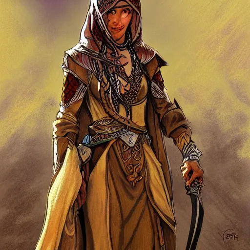 Image similar to Emeth the elven desert bandit. Arabian style. Epic portrait by james gurney and Alfonso mucha (lotr, witcher 3, dnd, dragon age, gladiator, scoia'tael). Practical light armor.