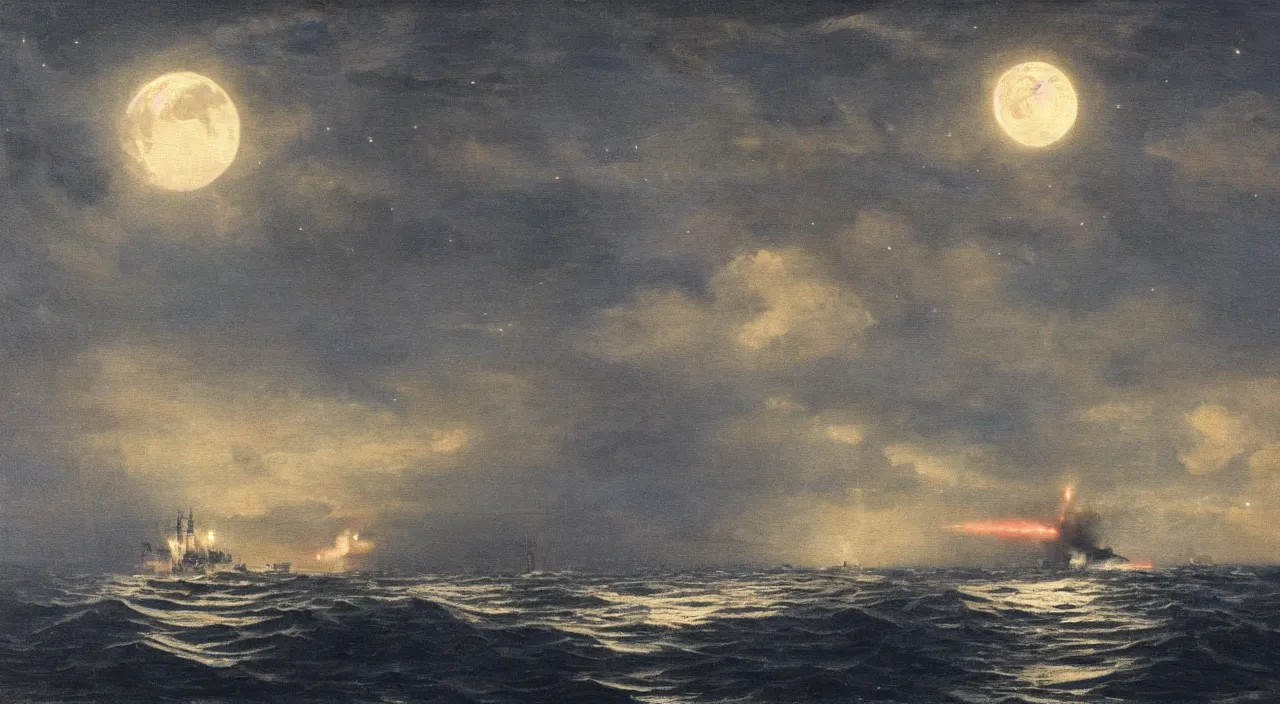 Image similar to Close up of battleship firing its cannons in a cloudy night in the middle of the ocean, lit by a single moon, oil painting