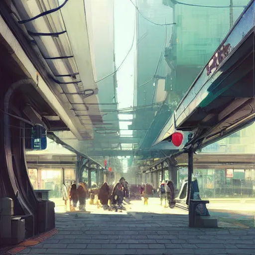 Image similar to i walked through streets around jr tachikawa and tama monorail stations, volumetric lighting, spring early morning, dew, nice weather, realistic illustration, perfectly shaded, soft painting, art by krenz cushart and wenjun lin