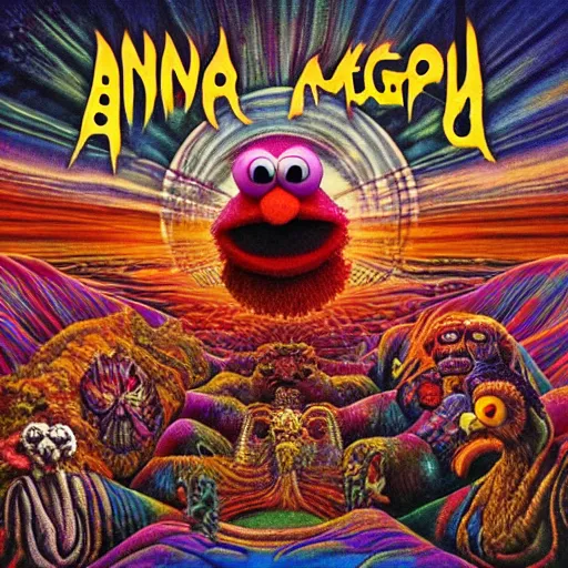 Image similar to animal the muppet on tool album cover, 8 k resolution hyperdetailed scary dystopian surrealism style of alex grey