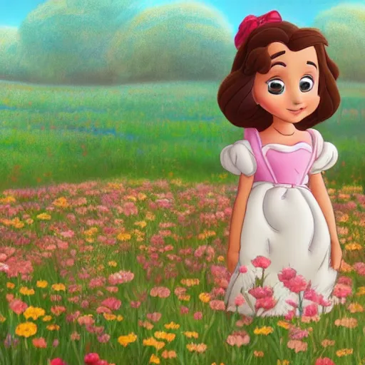 Image similar to a little girl with short wavy brown hair sits in a field of flowers in a still from a disney movie. beautiful disney cartoon character art, high quality, detailed face