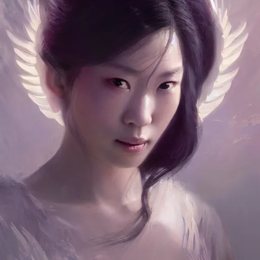 Image similar to Portrait of a Asian Goddess with angel wings, and a glowing halo, white lighting, digital art by Ruan Jia and Mandy Jurgens and Artgerm, highly detailed, trending on artstation, award winning,