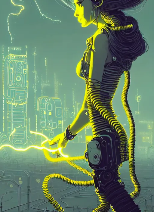 Image similar to highly detailed portrait of wasteland punk long curly bright yellow and white plasma electricity hair tribal lady, stray electric spark wiring by atey ghailan, james gilleard, by joe fenton, by greg rutkowski, by greg tocchini, by kaethe butcher, 4 k resolution, gradient yellow, black and white color scheme!!! ( ( lightning cloudy robotic dystopian city background ) )