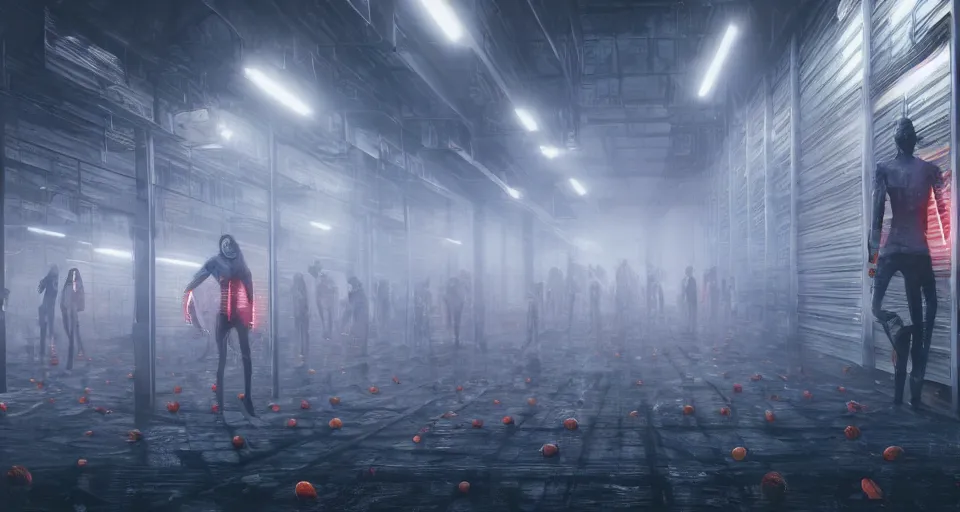 Image similar to illustration of rows of limp human bodies growing like fruit on display in a cold warehouse, refrigerated storage facility, rolling fog, cyberpunk, dystopian, dramatic lighting, unreal engine 5, colorful