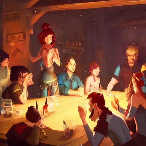 Image similar to a party of d & d characters drinking in a tavern, ambient lighting, 4 k, lois van baarle, ilya kuvshinov, rossdraws, erol otus, artstation