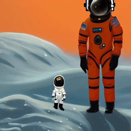 Prompt: astronaut in orange polar exploration suit kneeling down in snow behind a single small alien looking plant, concept art, painterly, artstation