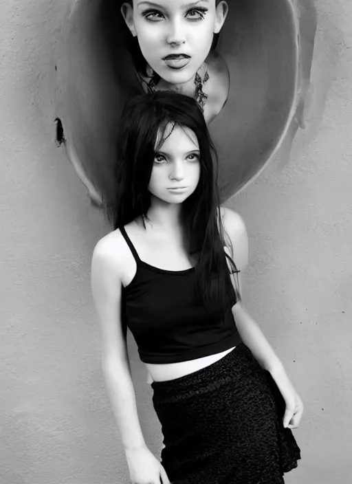 Prompt: petite gorgeous teen girl in black skirt and crop top tank top, platform boots, beautiful face, intricate, extremely detailed, modeling photography, 8 0 mm camera, dramatic lighting, dark room, body and face