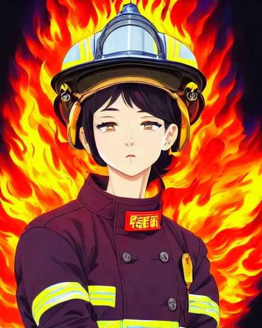 Image similar to fireman, cool pose, fire jacket, helmet, covered in beautiful flames!!! | | very very anime!!!, beautiful fine - face, audrey plaza, realistic shaded perfect face, fine details. anime. realistic shaded lighting poster by ilya kuvshinov katsuhiro otomo ghost - in - the - shell, magali villeneuve, artgerm