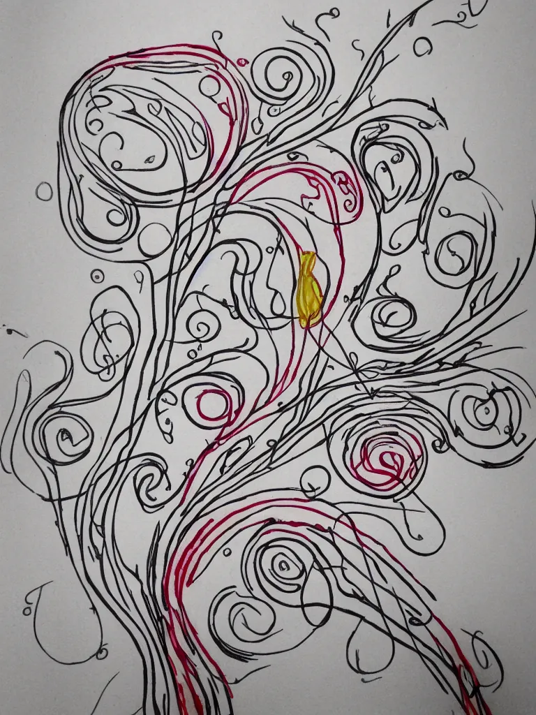 Prompt: sketch single line drawing with burst of color acorn that turns into a tree that is also a treble clef with line through the center, clean single line tattoo with color bursts when crossing scar