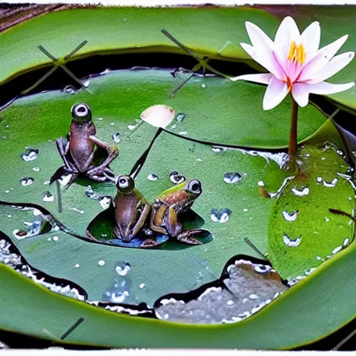 Prompt: Frogs playing banjo in the rain under a lily pad