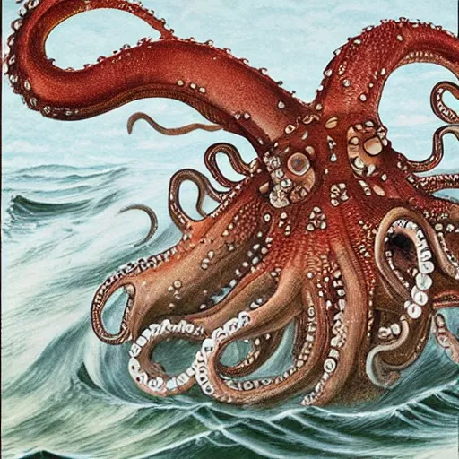 Image similar to photorealistic highly detailed japanese ancient art style painting of giant octopus sinking a ww2 battleship clutching in tentacles