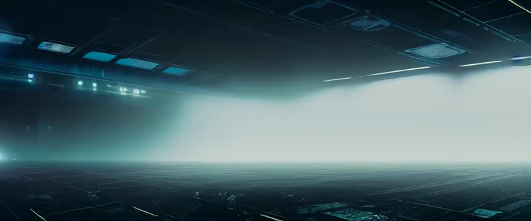 Image similar to set design for a science fiction movie on a derelict space station, atmospheric fog, anamorphic bokeh, cinematic, elegant, professional studio light, real dlsr photography, sharp focus, 4 k, ultra hd, sense of awe