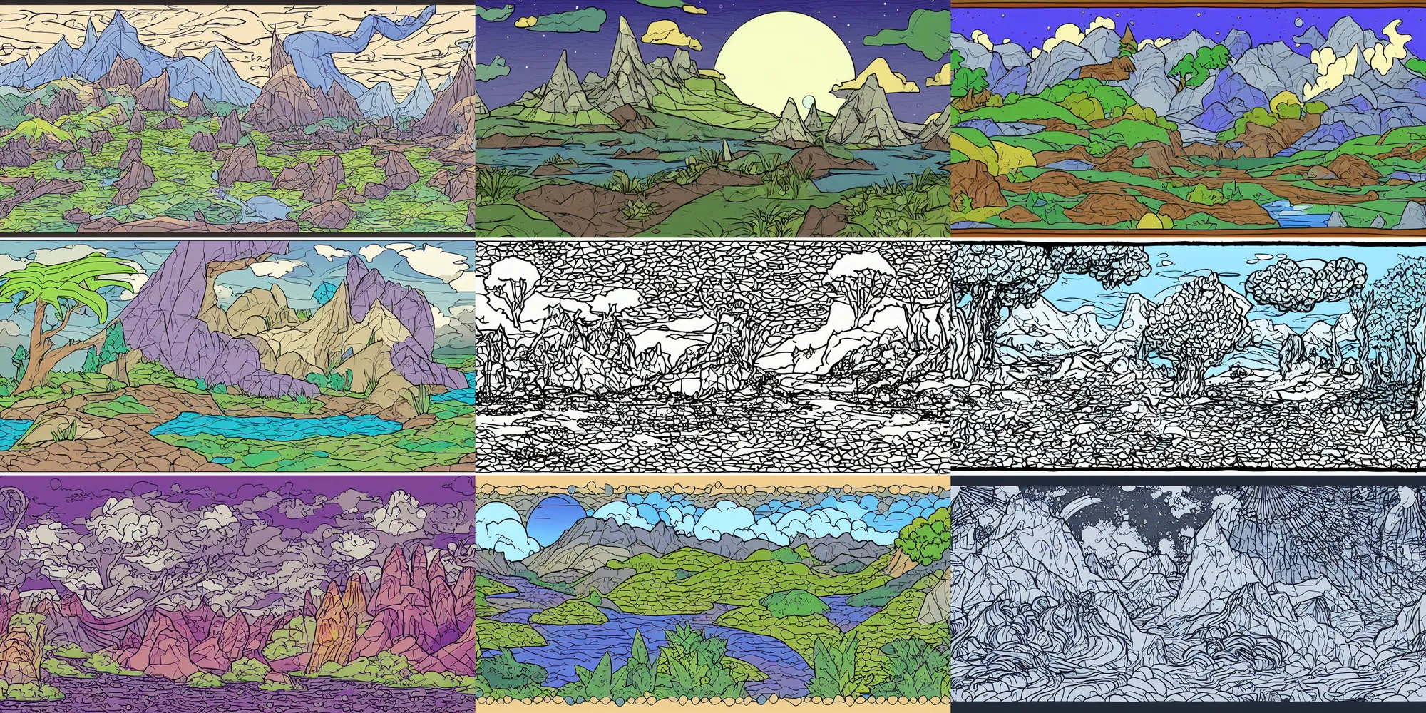 Prompt: flat color, cell shaded, mystical fantasy landscape