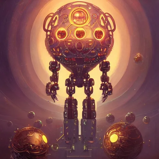 Prompt: a stylistic portrait of a robot god surrounded by small glowing orbs, D&D, fantasy, intricate, smooth, golden hour, artwork by Peter mohrbacher and Wayne barlowe
